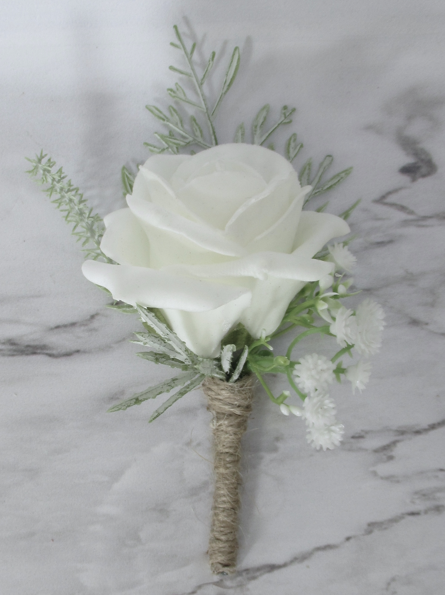 Rustic barn wedding buttonholes, White rose Rustic Designed Buttonhole